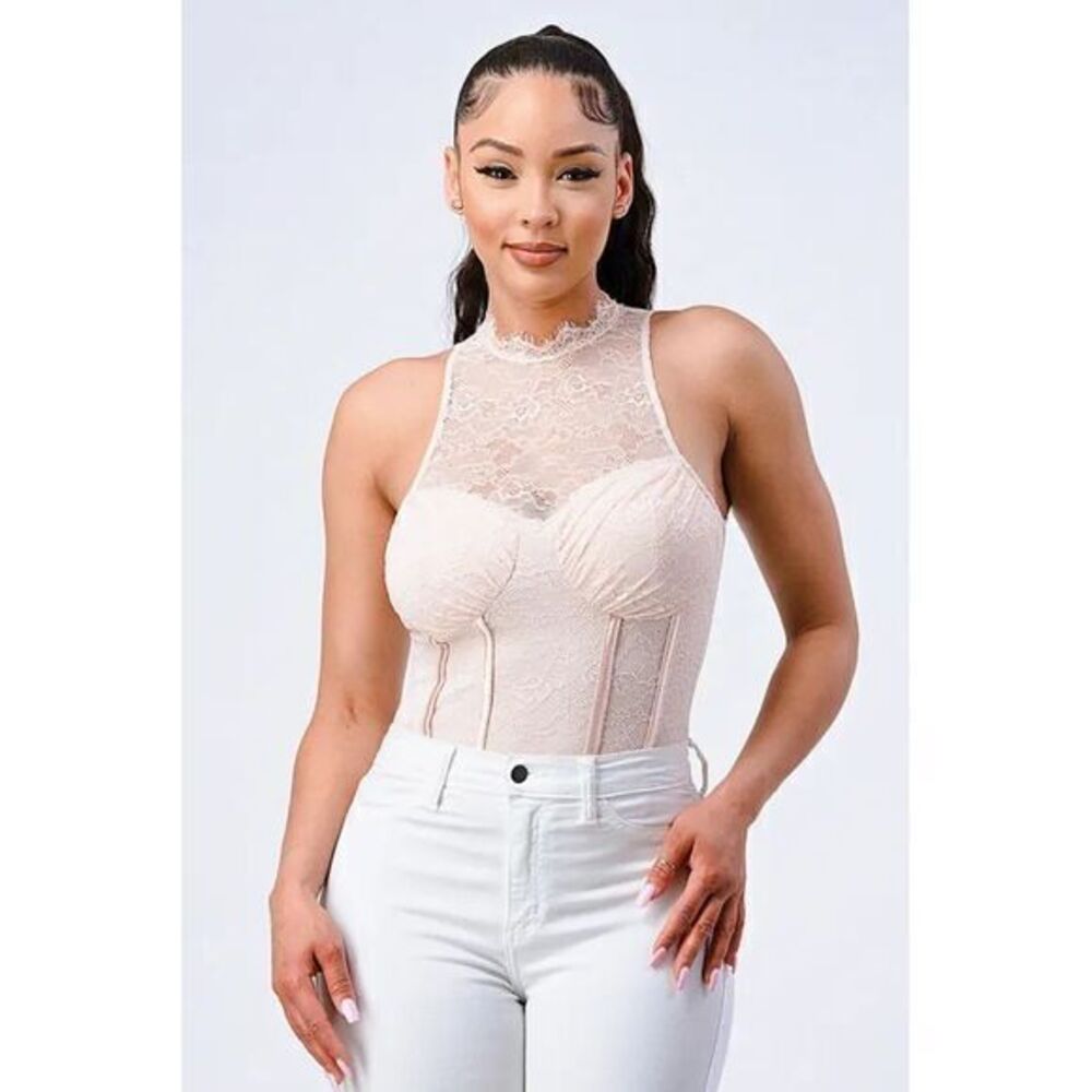 Privy Bodysuit Womens Medium Pink Lace High Neck Corset Bodysuit Bustier Top NWT